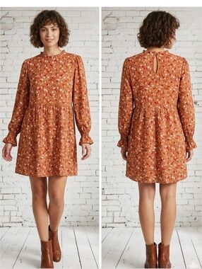 Cato Winter Garden Floral Long Sleeve Dress Camel Size L